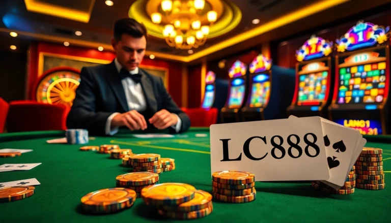 Exciting casino scene with LC88 on a betting slip, luxurious poker game in progress showcasing rich colors and lights.