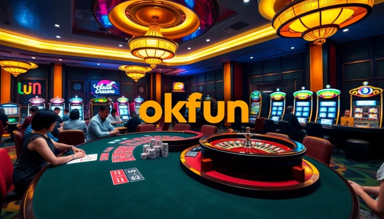 Engage with the excitement of gambling at an opulent casino with okfun featuring poker tables, roulette wheels, and vibrant slot machines.