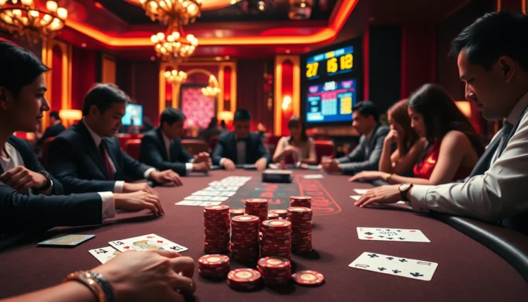 LC88-themed poker game showcasing vibrant chips, cards, and player excitement in a luxurious casino setting.